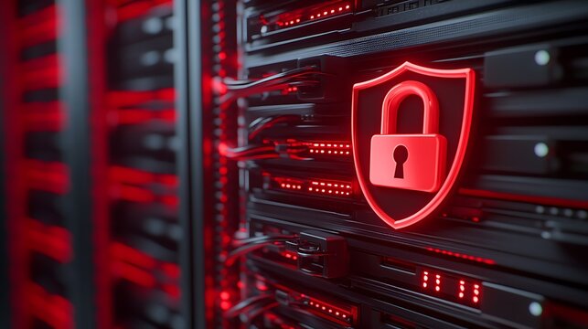 Cybersecurity Concept with Digital Servers and Red Shield Symbol Representing Data Protection and Privacy Measures
