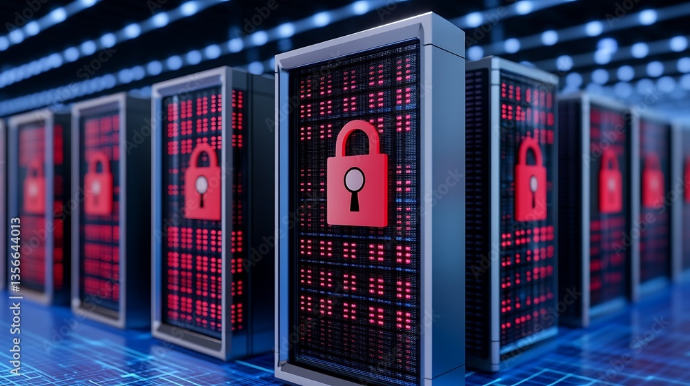 Poster data center security concept with lock icon representing cybersecurity and digital protection measur