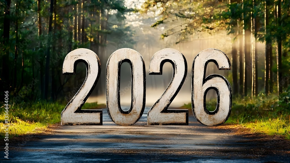 Poster the image features the year 2026 displayed prominently in a forest setting, surrounded by trees and 