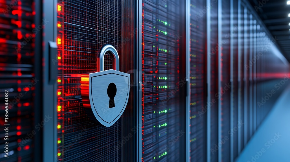 Poster data center security lock with server racks and digital display in background for cybersecurity conc