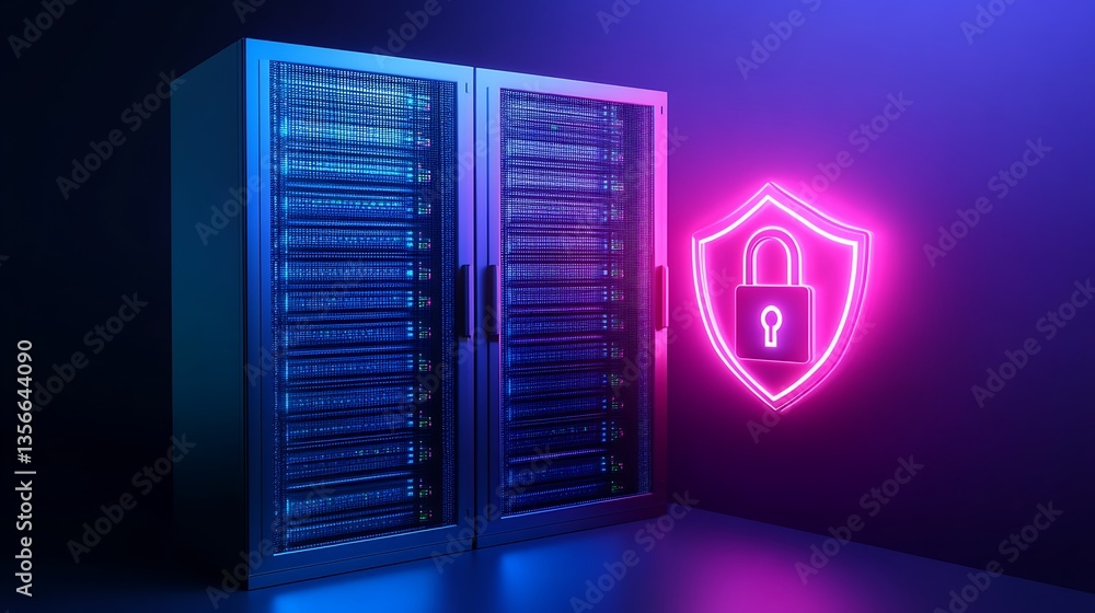 Poster data center storage with neon lock symbol for cybersecurity and digital protection concepts