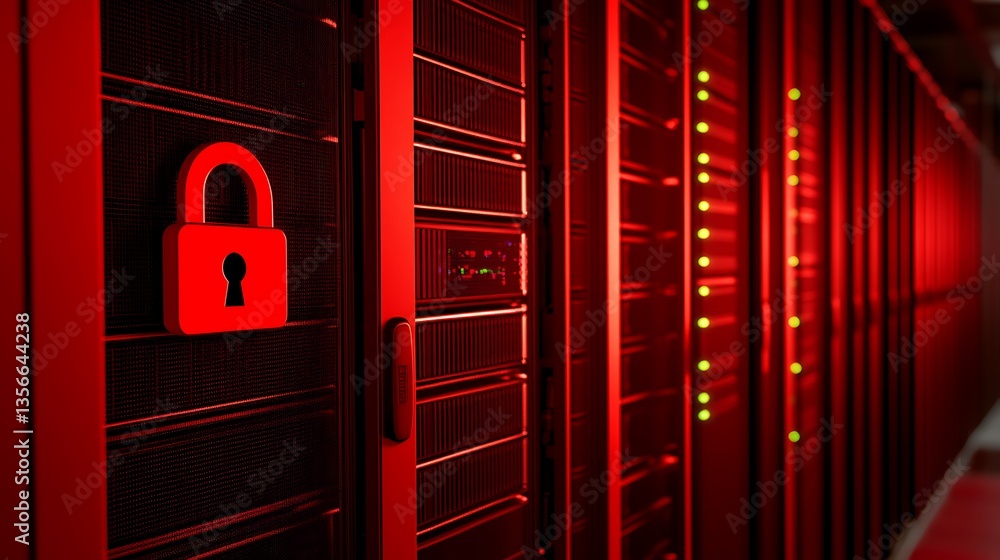 Poster data security concept with red lights in a server room featuring a lock symbol on panel