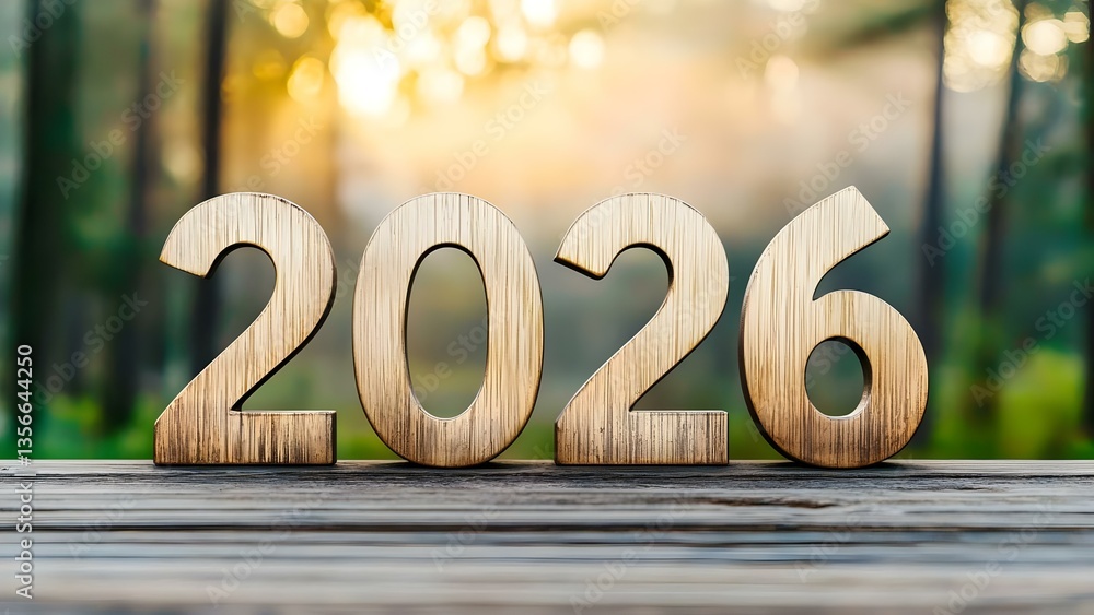 Poster the image features the year 2026 displayed in large wooden digits against a blurred forest backgroun