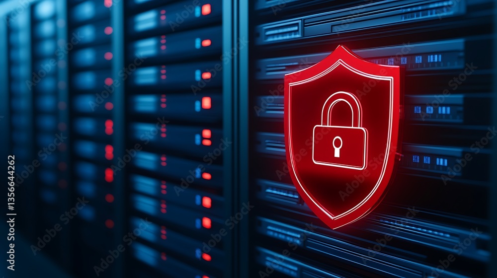 Poster data security concept with shield symbol and server rack highlighting cyber protection in modern tec