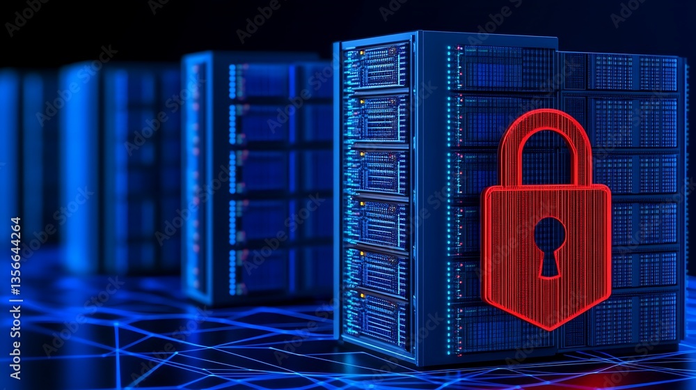 Poster data security concept with server systems and lock symbol representing cyber protection for digital 