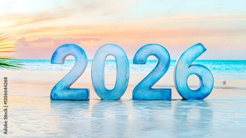 Poster the image features the numbers 2026 in a beach setting with a vibrant sunset and ocean backdrop. con