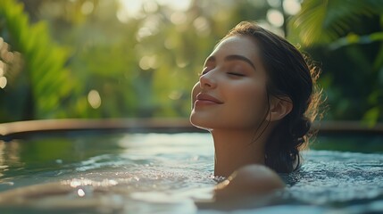 Fototapeta premium Relaxing woman enjoying serene moment in tranquil spa water surrounded by lush greenery
