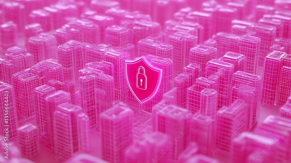 Poster digital cityscape with shield symbol representing cybersecurity and data protection in vibrant pink 