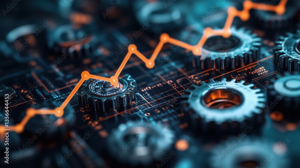 Poster industrial gears with data analytics graph illustrating growth and technology integration