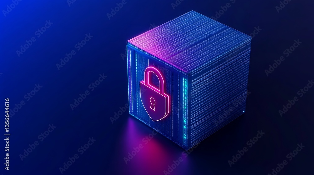 Poster digital data security box with neon lock symbol on abstract dark background for technology and prote