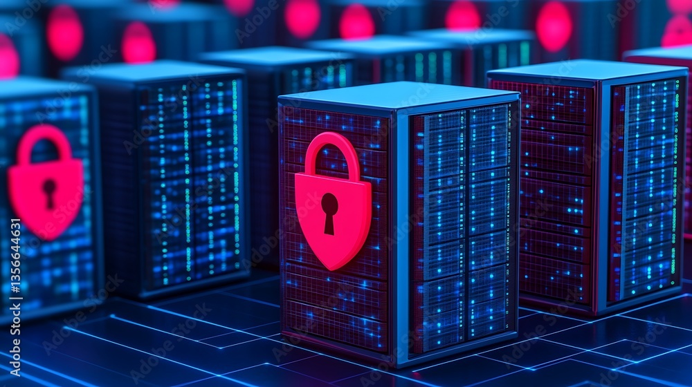Poster digital data protection concept with secure server storage in cyber environment and lock symbol repr
