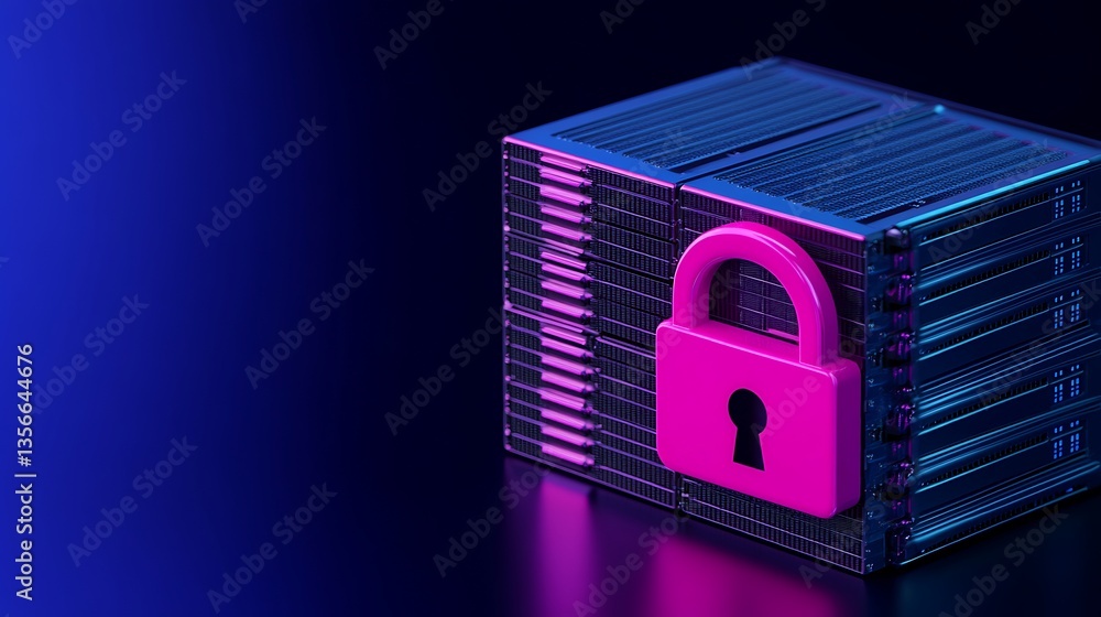 Poster digital data security concept with colorful lock on stack of hard drives in futuristic environment