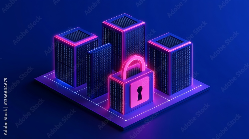 Poster digital data security concept with neon buildings and lock in futuristic style