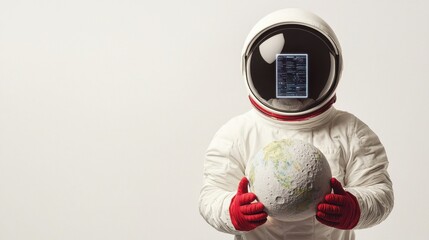 An astronaut in a spacesuit holds a model of the moon, with a screen displaying data in the helmet"s visor, symbolizing exploration and technology.
