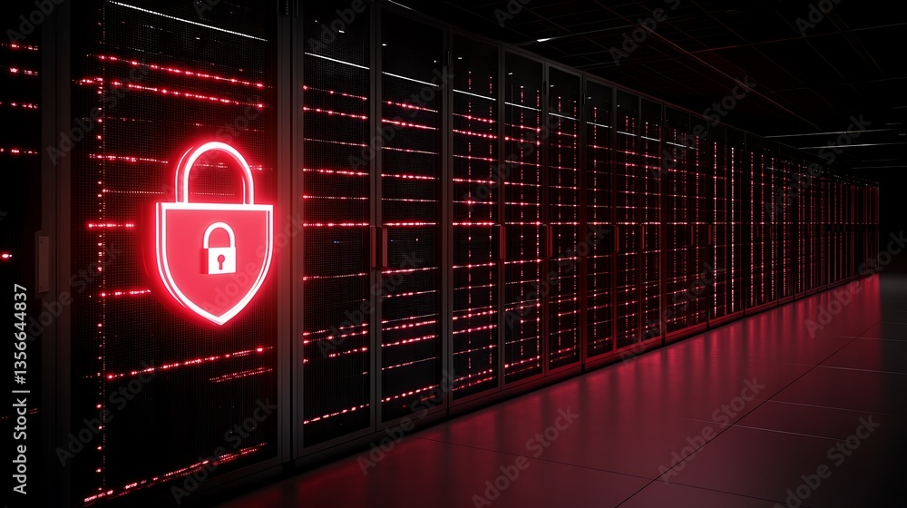 Poster digital data security concept with red neon lock symbol in server room environment