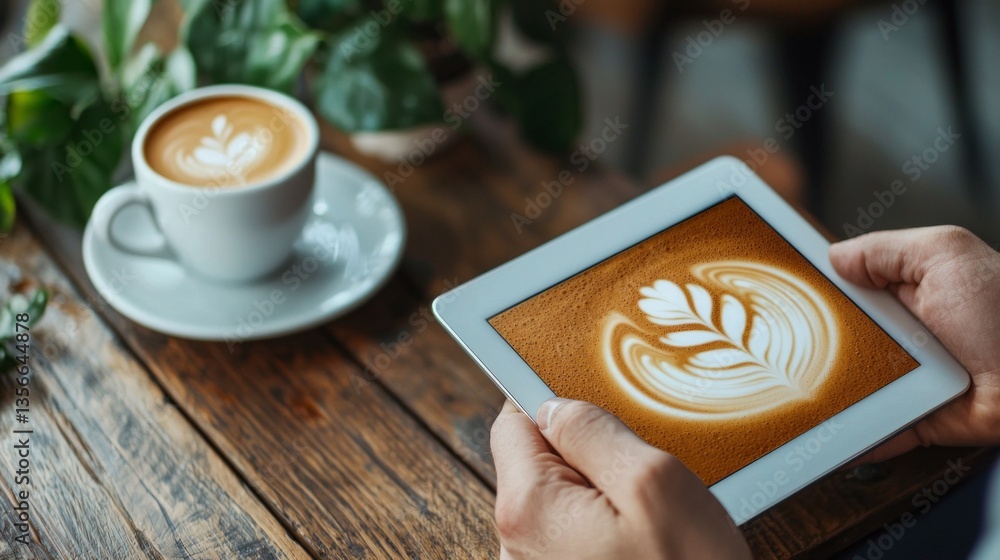 Poster sipping a beautifully crafted latte, a person enjoys the delicate swirls of latte art while engaging