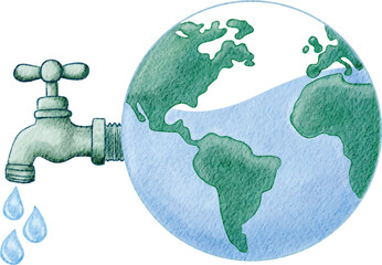 Water tap with Earth, illustrating water preservation and global sustainability.