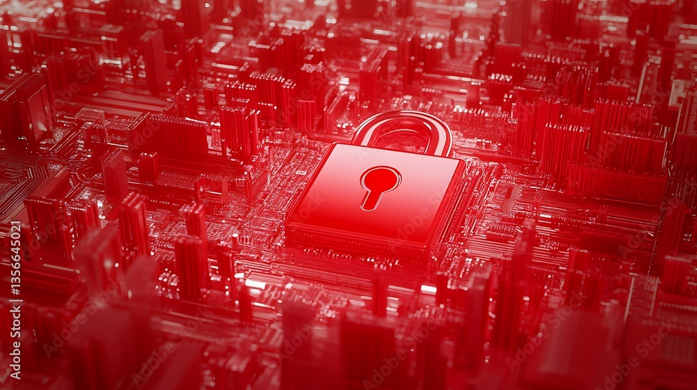 Poster digital lock and circuit board in red color symbolizing cybersecurity and data protection concepts