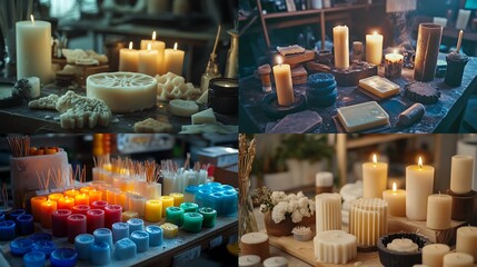 A DIY candle-making setup with wax, scents, molds, and candles at various stages of completion