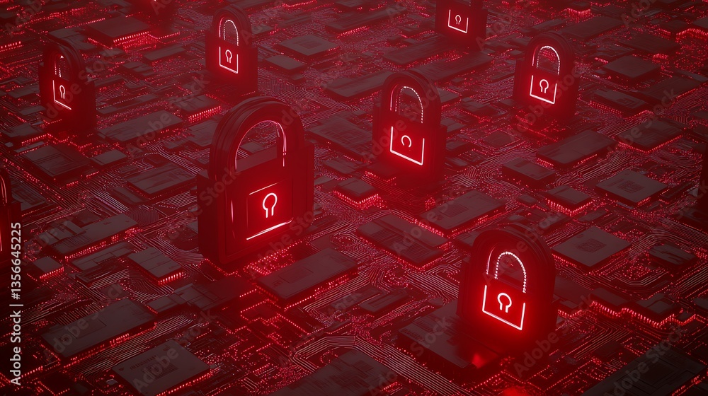 Poster digital lock concept over circuit board with red light and cyber security theme for secure data repr