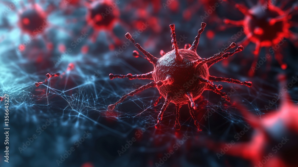 Aufkleber 3d rendering of virus particles in red and blue colors with intricate details