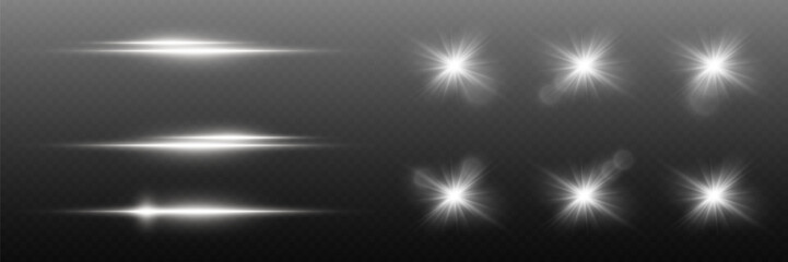 Set of light effects, star flares. An explosion of light and glare.