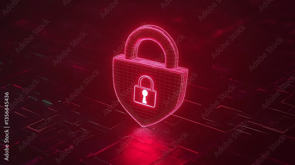 Poster digital lock icon with neon outline and glowing effects in a futuristic cybersecurity concept backgr