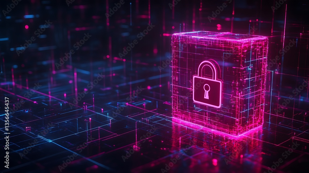 Poster digital lock icon with futuristic background in neon colors representing cybersecurity and data prot