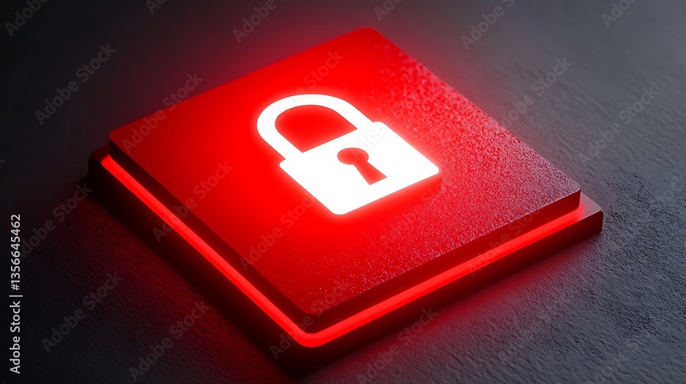 Poster digital lock icon with red backlight on dark background for cybersecurity themes and concepts