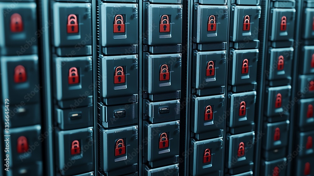 Poster digital lock icons on server cabinets representing cybersecurity and data protection in a technology