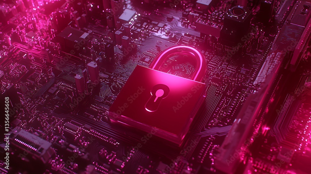 Poster digital lock on circuit board displaying cybersecurity in modern technology and data protection conc