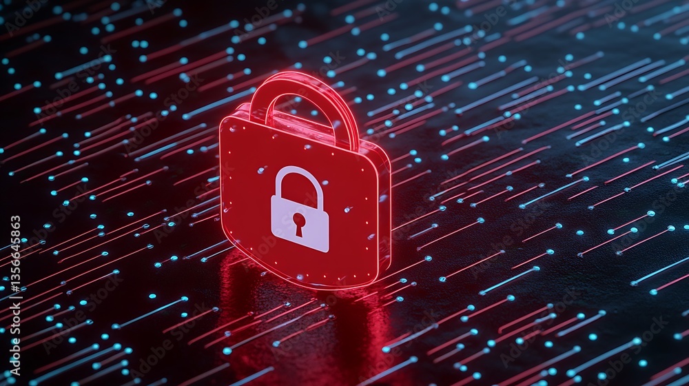 Poster digital lock symbol illuminated with red light on abstract background of blue and red data streams