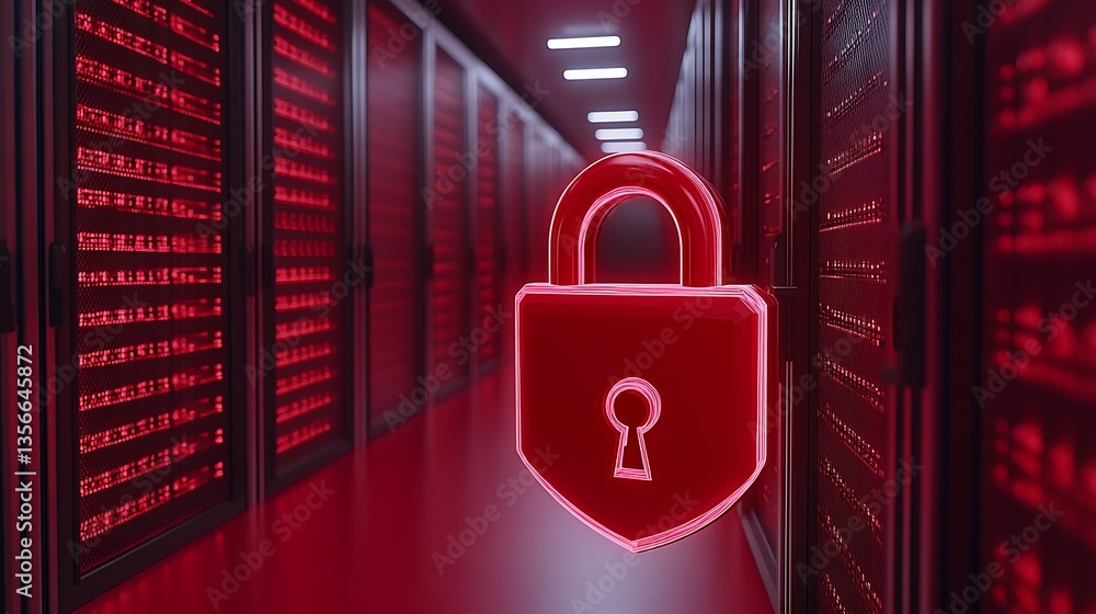 Poster digital lock symbol in a high-tech data center with red lighting representing cybersecurity and priv