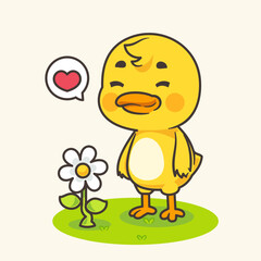 Cute cartoon flat vector duck standing with flower. kawaii cute duck animal