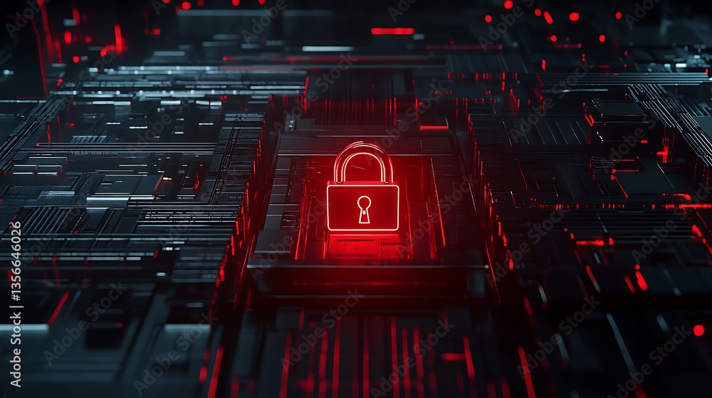 Poster digital lock symbol on abstract circuit board background in red neon light for security concept