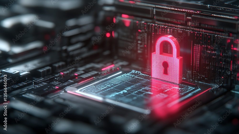 Poster digital lock symbol on circuit board background illustrating cybersecurity protection in technology 
