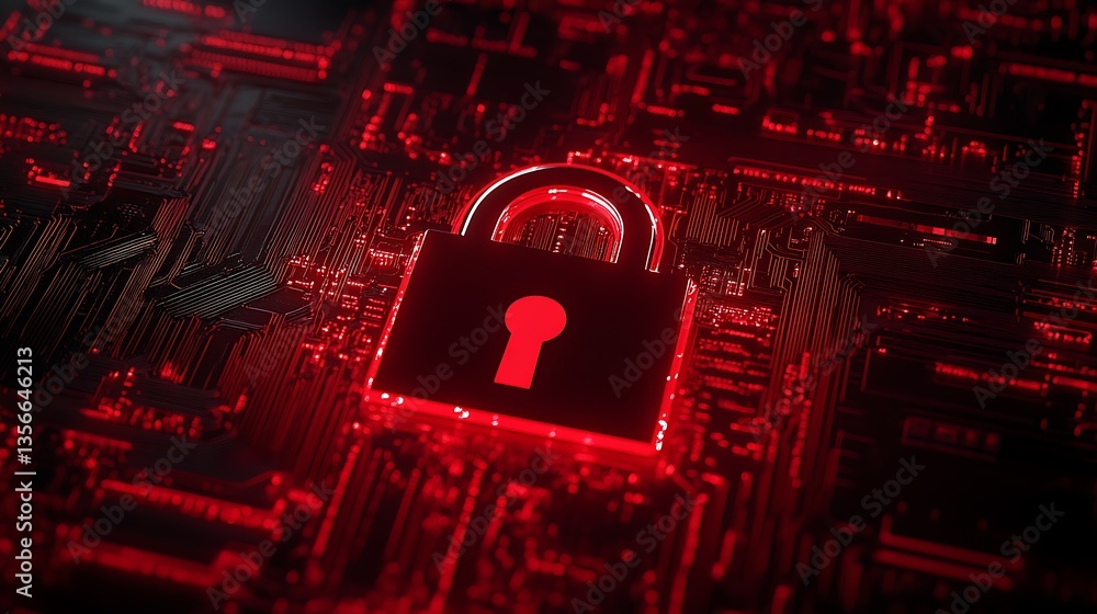 Poster digital lock symbol on circuit board background with red glowing elements for security and technolog
