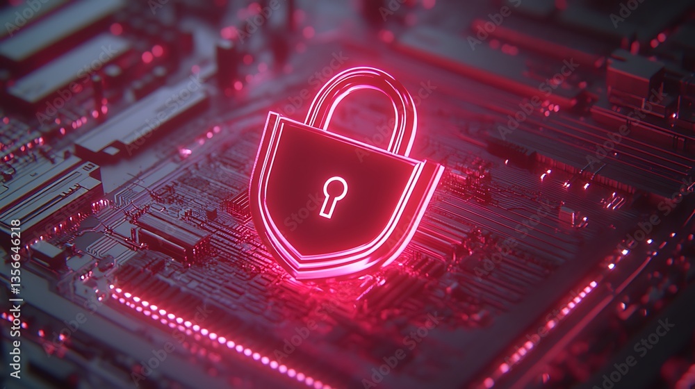Poster digital lock symbol on circuit board design representing cybersecurity and data protection concepts