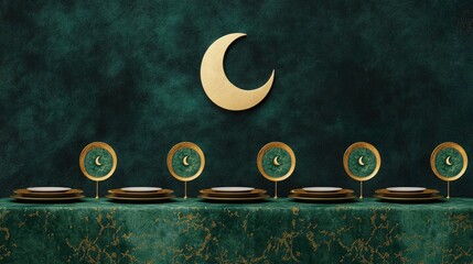 A minimalist dining table decorated with an elegant green and gold patterned runner