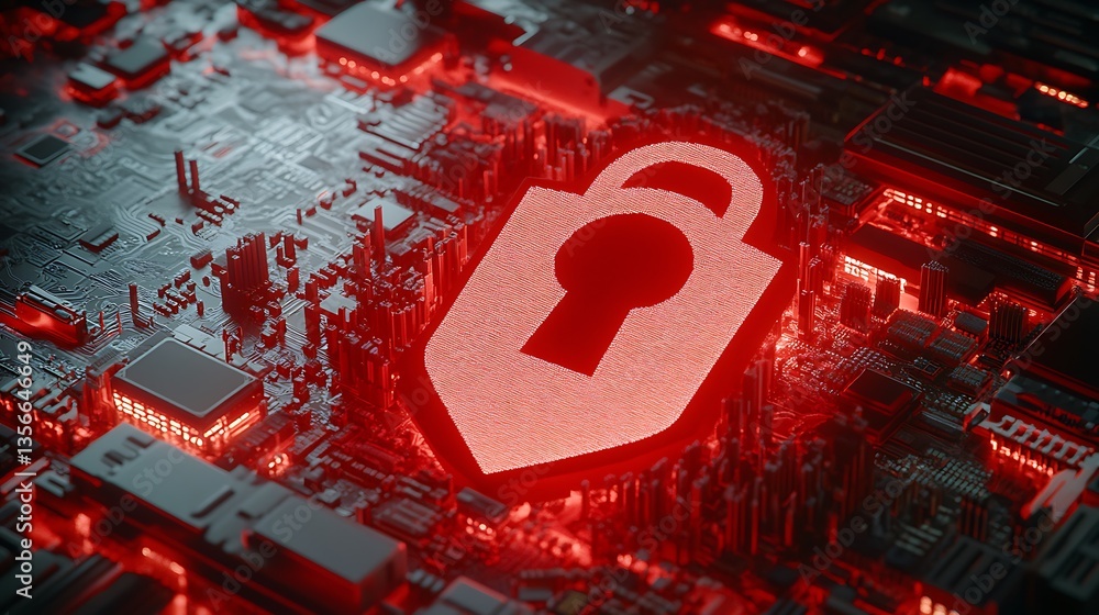 Poster digital lock symbol on futuristic circuit board with glowing red lights in modern cybersecurity conc
