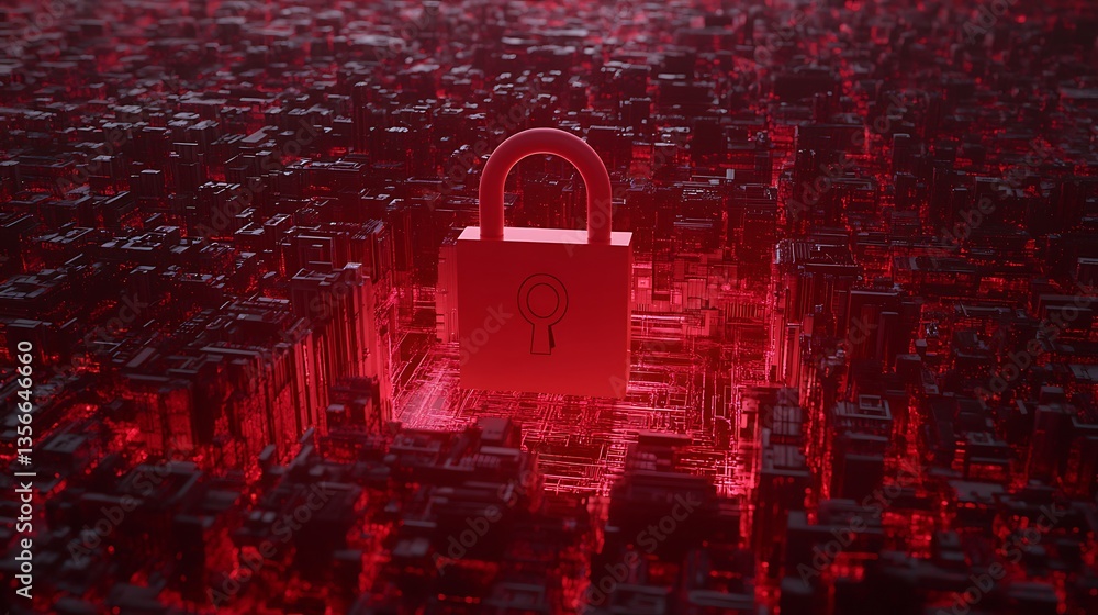 Poster digital lock symbol over abstract red circuit design representing cybersecurity and data protection 
