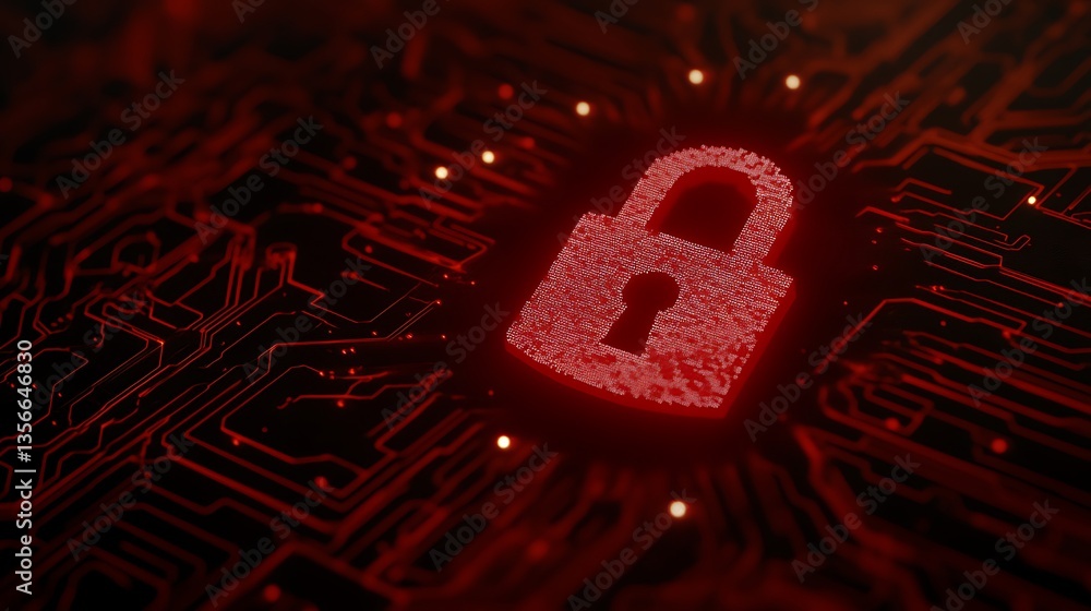 Aufkleber digital lock symbol overlaid on circuit board design with red background for cybersecurity concept