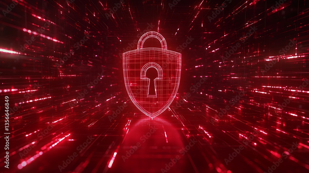 Poster digital lock symbol overlaid with abstract red light trails representing cybersecurity and data prot