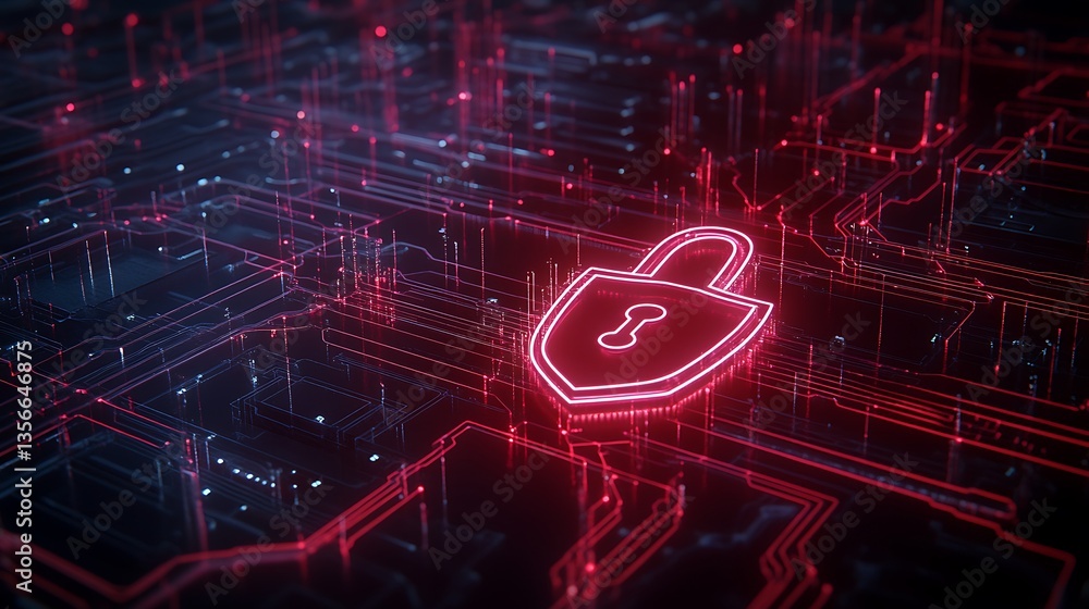 Poster digital lock symbol representing cyber security and data protection in futuristic circuit background