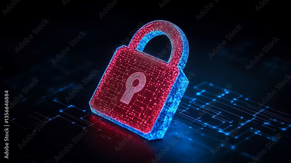 Poster digital lock symbol representing cybersecurity and data protection in a high-tech environment