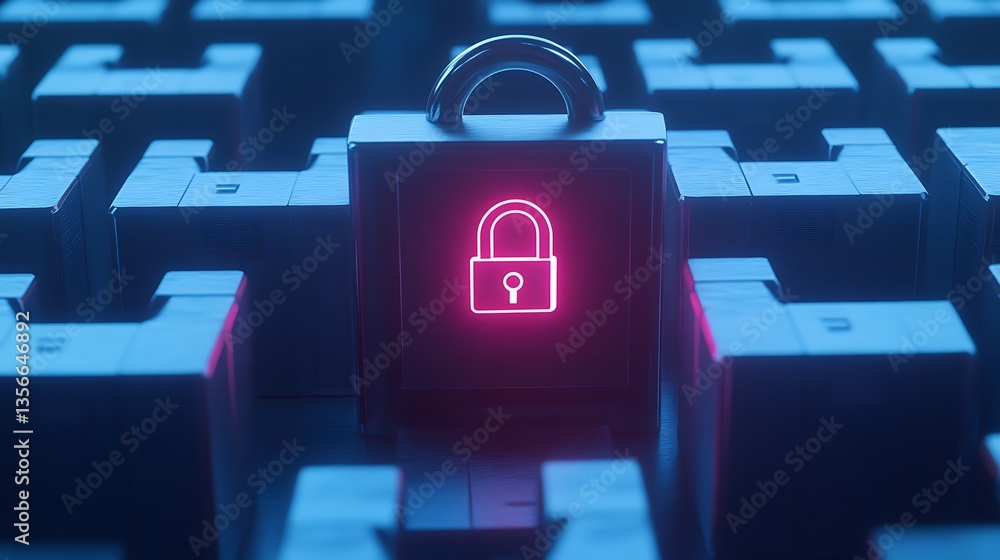 Poster digital lock symbol surrounded by boxes in a maze representing cyber security and data protection co