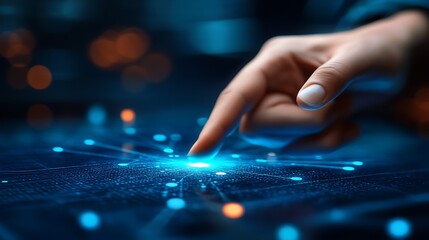 Fingertip interacting with digital network.