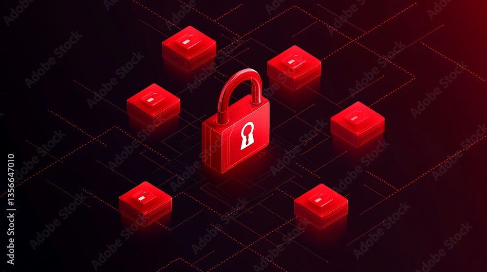 Poster digital lock symbol surrounded by technology elements in red and black color palette with abstract b