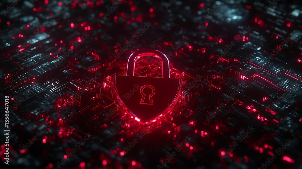 Poster digital lock symbol with futuristic background in red and black colors representing cybersecurity co