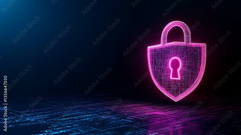 Poster digital lock symbolizing cybersecurity and data protection in neon colors on dark background